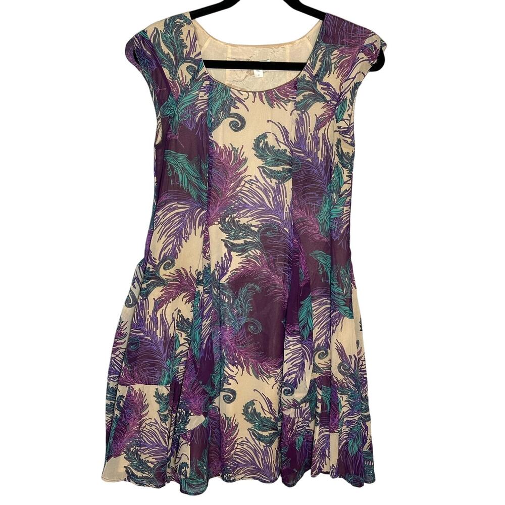 Garnet HIll Sz 6P Silk Chiffon Dress Feather Print Ruffle Cap Sleeve Purple Teal